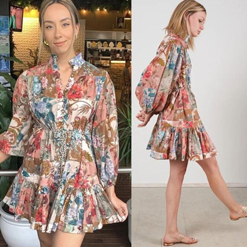 NWT Zimmermann Cassia Drop Waist Patchwork Floral Mini Dress Multi Color Size: 8